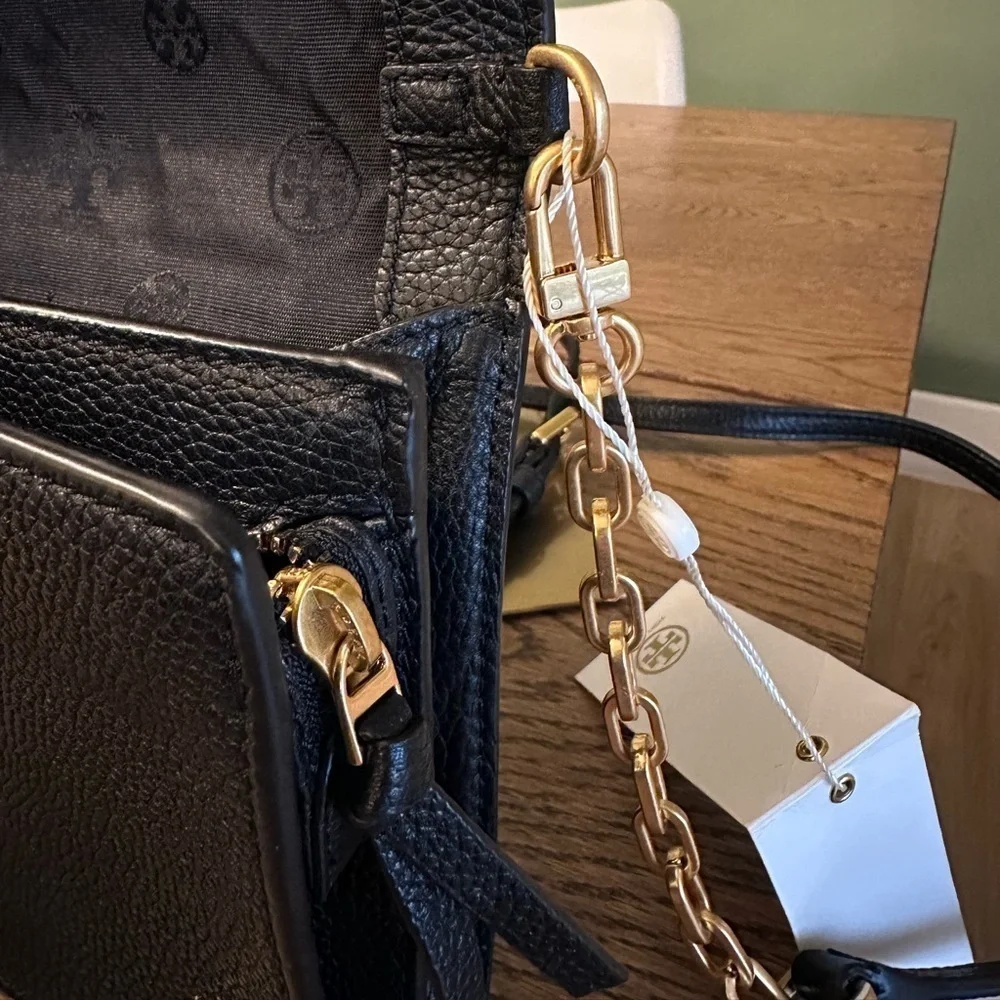 NWT! NEW! Tory Burch Britten Combo Crossbody Black Pebbled Leather